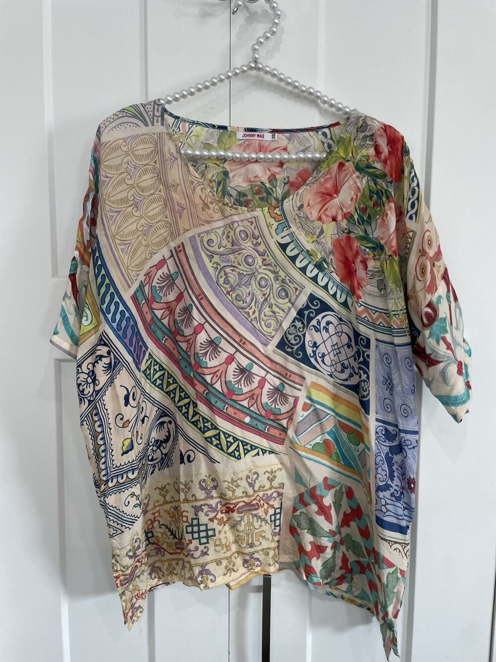 Johnny Was Silk Floral Paisley Patchwork Short Sleeve Shirt Size XS